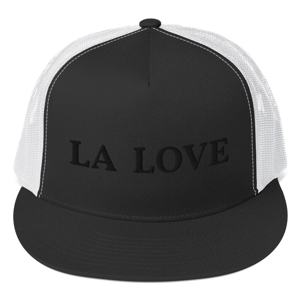 LA LOVE Black On Black Embroidered Trucker Cap